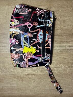 Graphic Pattern Wristlet Clutch in Black with Multicolor Figures